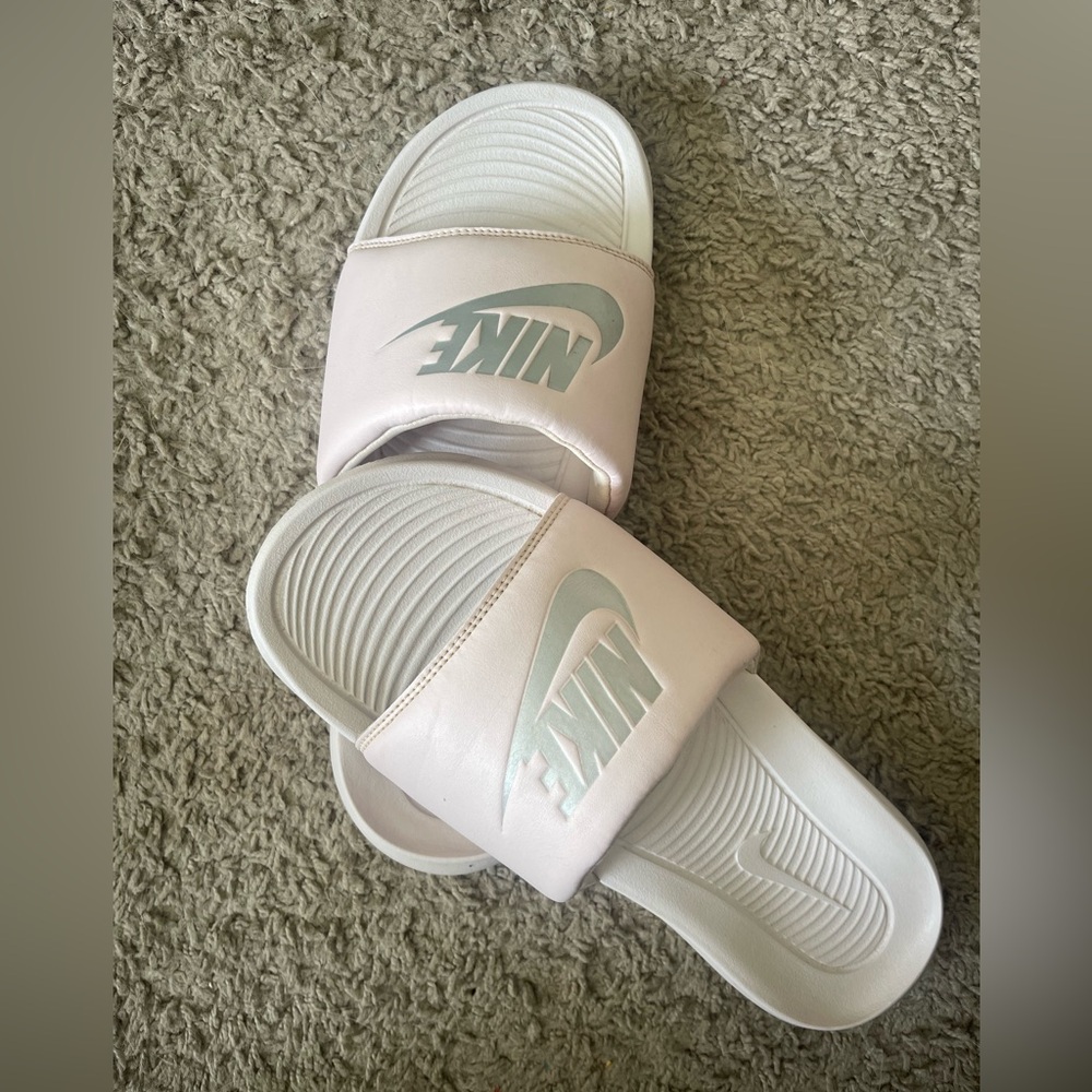 Nike White and Light Pink Slide Sandals